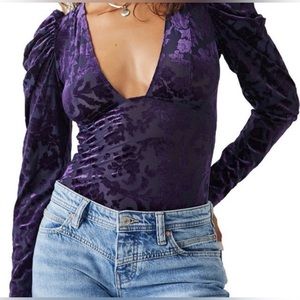 NWT Free People Magic Hour Velvet Bodysuit, Deep Sea Combo (Purple), Size XL